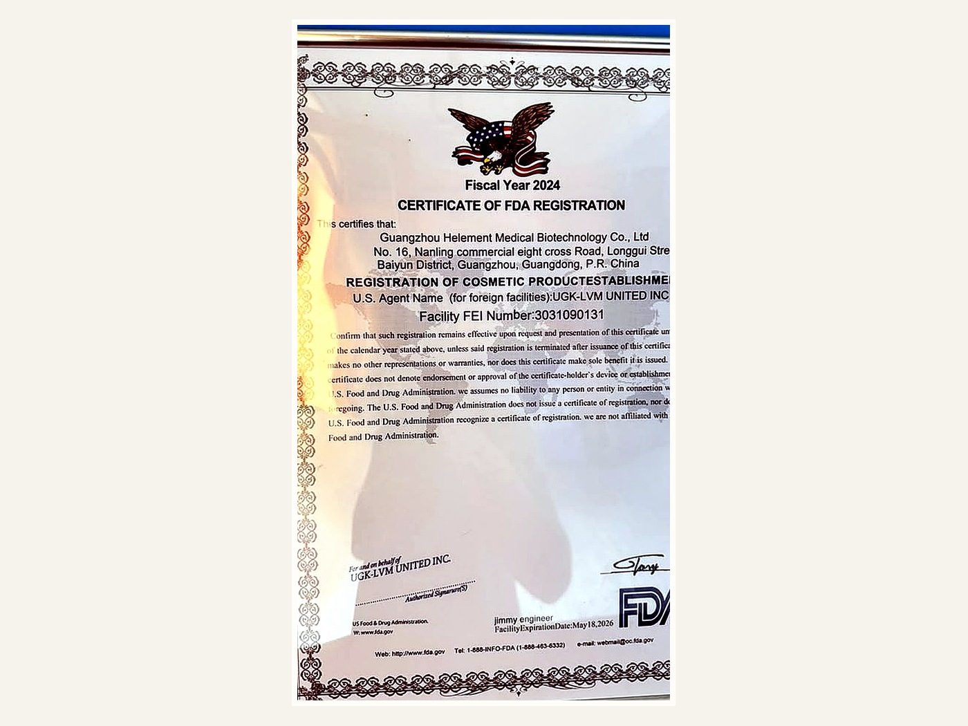FDA registration certificate